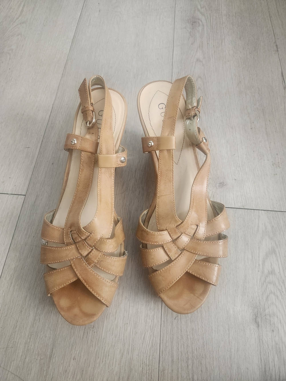 GUESS Kayce Tan Cork Platform Wedge Sandals Size 8.5M Strappy Ankle Buckle